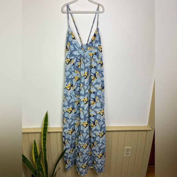 Patagonia Pataloha Strappy Maxi Dress L Blue Yellow Bird Floral Pockets Vacation - Picture 8 of 14